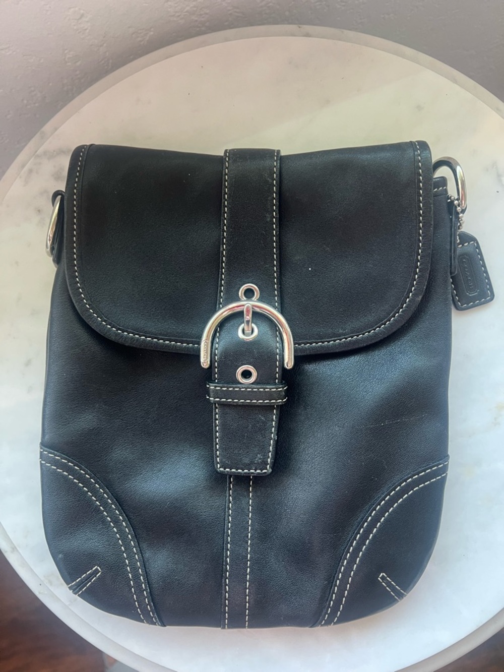 Coach Black Leather Logo Patch with White Stitching